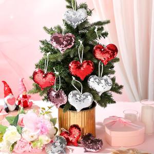 Sotiff 12 Pcs 4 Inch Large Valentine's Day Sequin Heart Ornaments Glitter Heart Ornaments Silver Pink Red Sparkly Hanging Decor for Xmas Valentine Wedding Holiday Party Decoration Supplies Gift