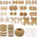 34 PCS Jute Burlap Flowers for Crafts, Natural Handmade Rustic Burlap Flower Bowknots Set, Burlap Ribbons with Lace, Jute Twine, Glue Point for DIY Craft Wreath Gift Wedding Party Christmas by Gbateri