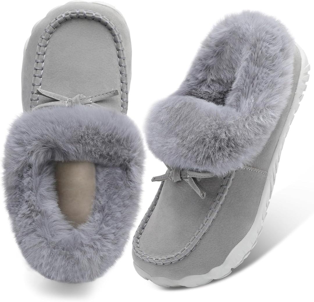 BARERUN Womens Moccasin Snow Boots Warm Winter Boots Ankle Boots for Women Outdoor Fur Lined Womens Shoes Slippers (8, Grey)