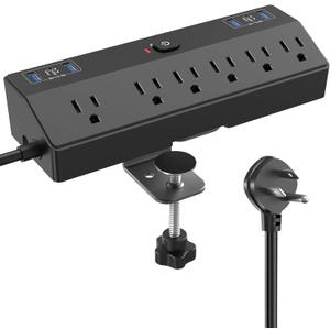 Desk Clamp Power Strip with 40W Fast Charging Station, JXGUCAT Removable Desk Clamp Mount Power Strip Surge Protector, 2 USB-C Ports, 6 AC Outlets and 10ft Cord, Fits 1.8" Tabletop Edge, Black