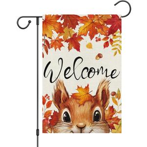 Welcome Fall Squirrel Garden Flag 12x18 Inch Double Sided Outside Autumn Maple Leaves Nut Small Burlap Yard Flag Farmhouse Outdoor Decoration