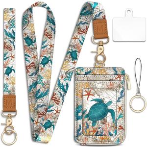 Lanyard Wallet with Id Badge Holder, Sea Turtle RFID Small Keychain Wallet Women Wristlet, Cute Zipper Credit Card Holder Phone Wrist Neck Strap for Key Name Tag, Teacher Student Office Gifts