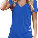 Jescakoo Womens Tops Buttons V Neck Spring Fashion Summer Outfits Dressy Casual Blouses Beach Vacation Clothes Plus Size (Blue, L)