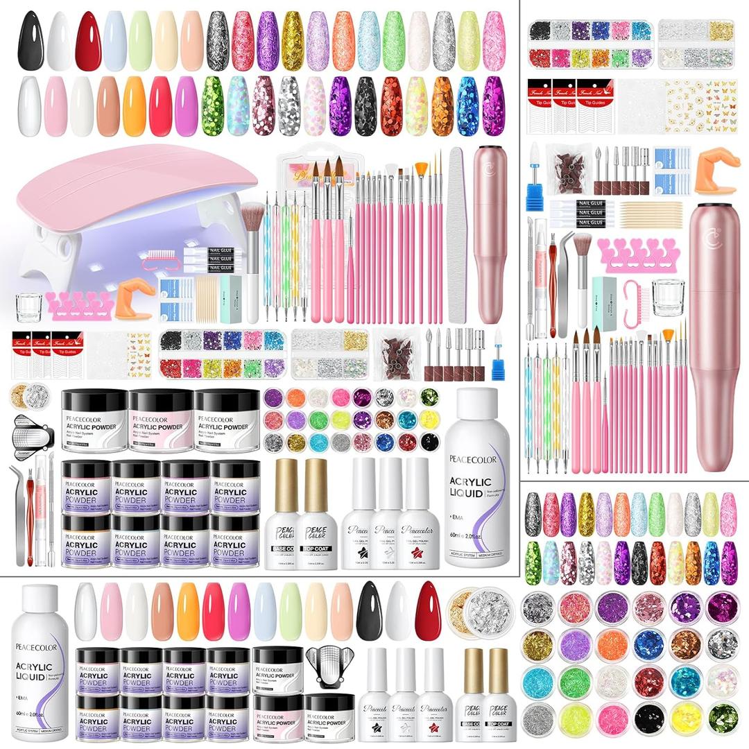 Acrylic Nail Kit for Beginners with Everything ,11 Colors Acrylic Powder Nails Kit Acrylics Set with Drill U V Light 3Pcs Gel Polish 24Pcs Glitter Powders Rhinstones Nail Art Extensions Home Gift Set