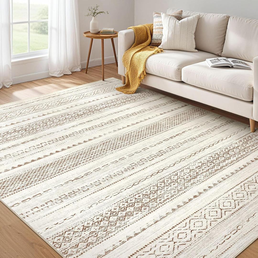 Nakagishi Area Rug Living Room Rugs: 5x7 Machine Washable Boho Large Neutral Farmhouse Stain Resistant Moroccan Indoor Floor Carpet for Bedroom Nursery Dorm Classroom Playroom Dining Room Home- Brown