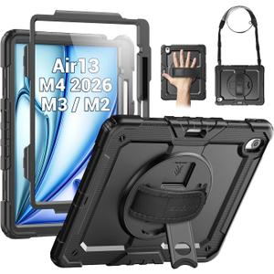 SEYMAC for iPad Air 13 Inch Case M4 / M3 / M2 (2026/2025 / 2024), Heavy Duty Shockproof Protective Case with Screen Protector, 360 Rotating Stand, Hand/Shoulder Strap and Pen Holder, Black