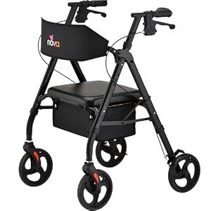 NOVA Star 8 Foldable Rollator Walker for Seniors (Standard: 6'3" H, 39.4"W ) Wide Padded Backrest with Seat, 8” All-Terrain Wheels, Easy-Grip Locking Hand Brakes, Height Adjustable, Black