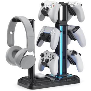 KDD RGB Multi-Controller Holder with 9 Light Modes - Rotatable Universal Headphone Hanger - Controller Stand with 6 Detachable Hooks for Desktop Gamer Accessories