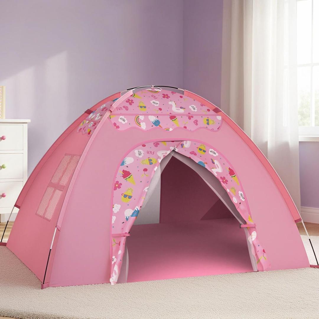 AFUNX Kids Play Tent, Extra Large Unicorn Playhouse for Girls, 70"x45"x43" Pink Kids Playhouse with Cute Ice Cream & Fruit Prints, Foldable Indoor Play Space, Tunnel-Ready Design, Easy Setup Gift Idea