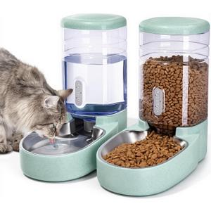 Automatic Cat Feeder and Water Dispenser with Stainless Steel Bowl Gravity Food Feeder and Waterer Set for Small Medium Dog Puppy Kitten 1 Gallon x 2(Green)