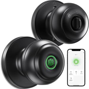 GeekTale Fingerprint Door Lock for Bedrooms, Fingerprint Door Knob with Lock, Smart Door Lock, App Control, Back-up Keys, Thumbprint Door Knob for Bedrooms, Office, Apartment (Polished Black)