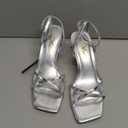 Athlefit Kitten Heels for Women Square Open Toe Strappy Heeled Sandals Ankle Strap Dress High Heels for Prom Party Wedding (7.5, Silver)