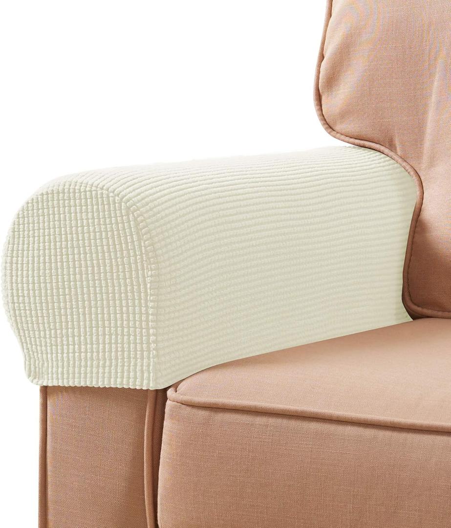 SUBRTEX Stretch Armrest Covers Spandex Arm Covers for Chairs Couch Sofa Armchair Slipcovers for Recliner Sofa with Twist Pins 2pcs (Ivory)
