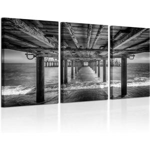 KREATIVE ARTS - UNDER THE PIER Premium Canvas Art Print Black and White Large Seascape Wall Art Deco Canvas Picture Stretched on Wooden Frame as Modern Gallery Artwork, Brige Pier 16x24inchx3pcs