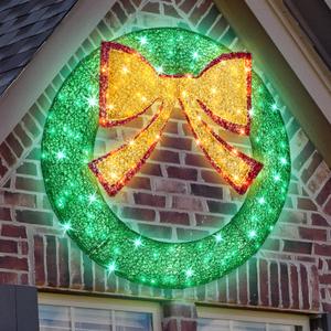 Uieke Metal Christmas Wreath, Outdoor Lighted Holiday Display, Green/Red, 35x35x5 inches, Perfect for Holiday Celebrations
