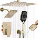 Shower Faucet Set Rainfall Shower System Push Button Diverter Shower Faucet with 4 in 1 Handheld, Ceiling Mount 12 Inch Shower Head and 6 Inch Wall Mount Shower Head (Brushed Gold)