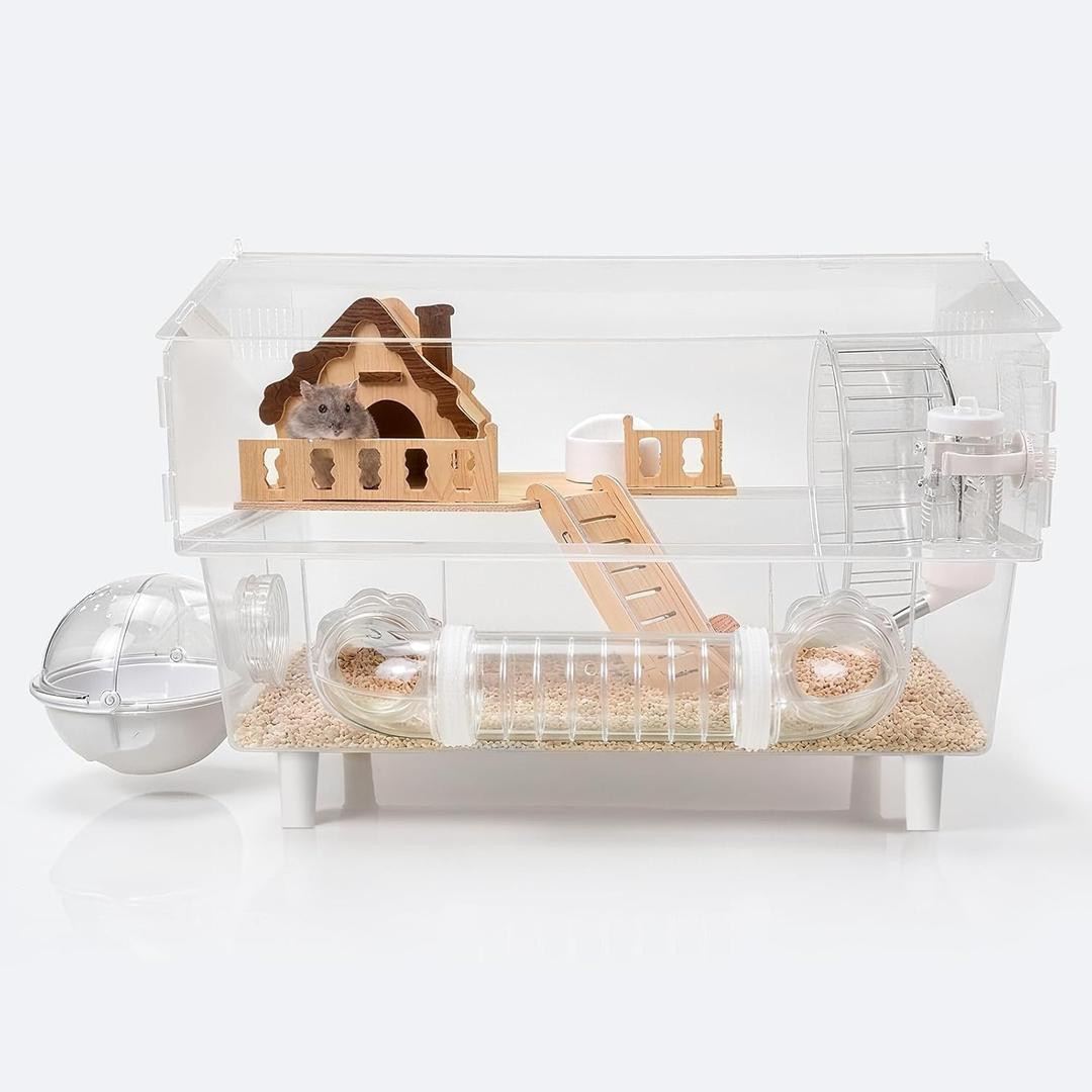 Clear Acrylic Hamster Cage, Dwarf Hamster Cage, Mouse Cage, Gerbil Cage - All-in-One Hamster Habitat with 18cm Silent Wheel, Tubes & Full Kit, 17.711.813.8" for Dwarf Hamsters, Mice, Gerbils
