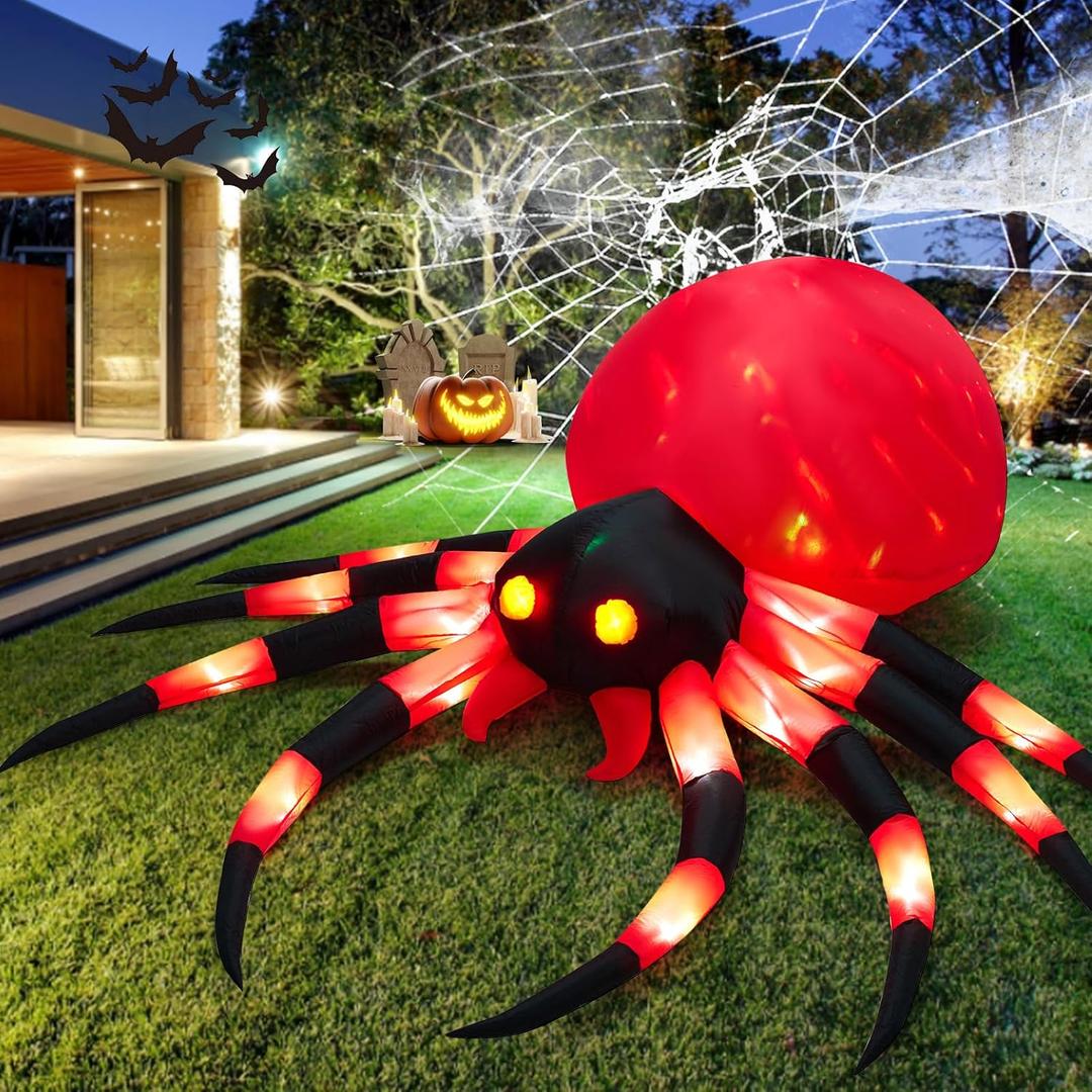 8FT Halloween Inflatables Giant Spider with 18 Built-in LED Lights and Magic Cube Light, Halloween Blowups for Yard, Garden and Lawn Outdoor Decoration (2 LEDs Each Leg) (Red)