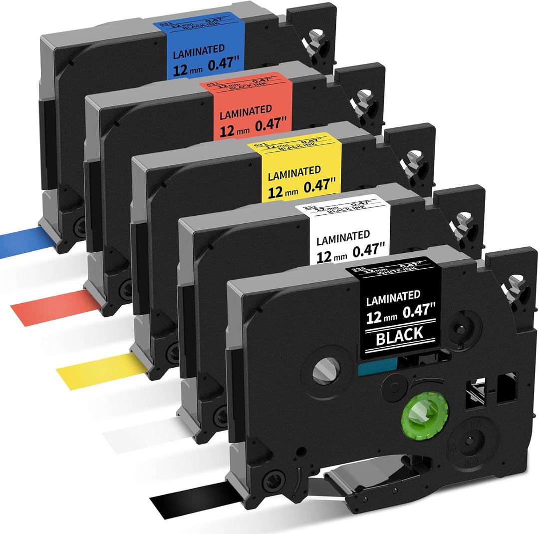 P Touch Label Maker Tape 12mm 0.47 Inch Laminated White/Black/Red/Blue/Yellow Replacement for Brother TZe Label Tape, for Ptouch Model PT-D200 D210 H100 1880, Colored Tape, 5-Pack