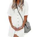 PYGFEMR Women's Summer Short Sleeve Babydoll Dress Button Down Sun Dresses with Pockets Beige White S