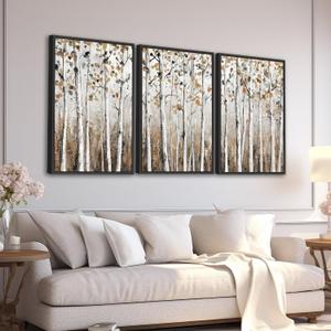 Large Framed Tree Wall Art - Abstract Forest Wall Decor 32"x48" Set of 3 Aesthetic Autumn Birch Painting Prints Modern Brown Plant Canvas Pictures for Living Room Bedroom Office Artwork, 32"x48"x3 Framed
