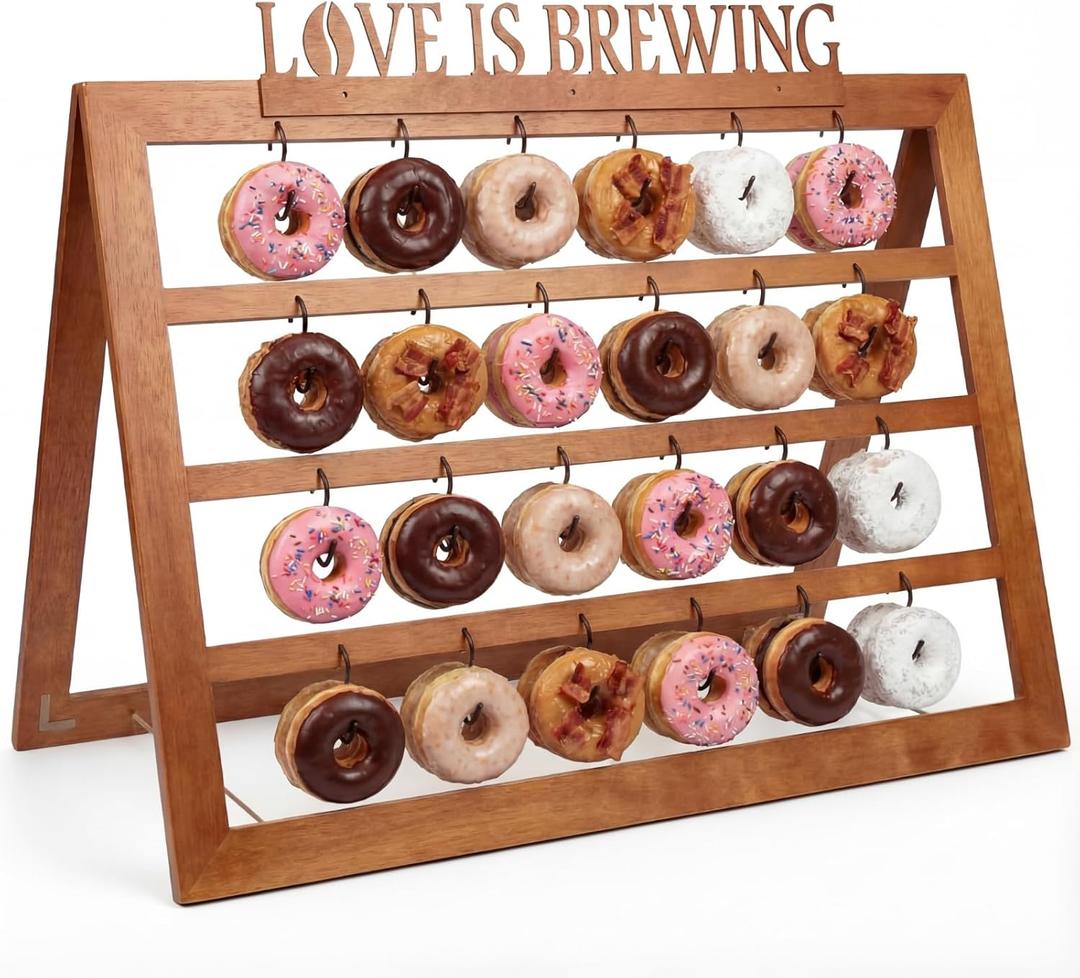 SiliFine Love Is Brewing Bridal Shower Party Supplies Donuts Wall Display Stand Rustic Decor Holder for Party Events Birthday Baby Shower Wedding Holds 48 Donuts with Wooden Display Sign