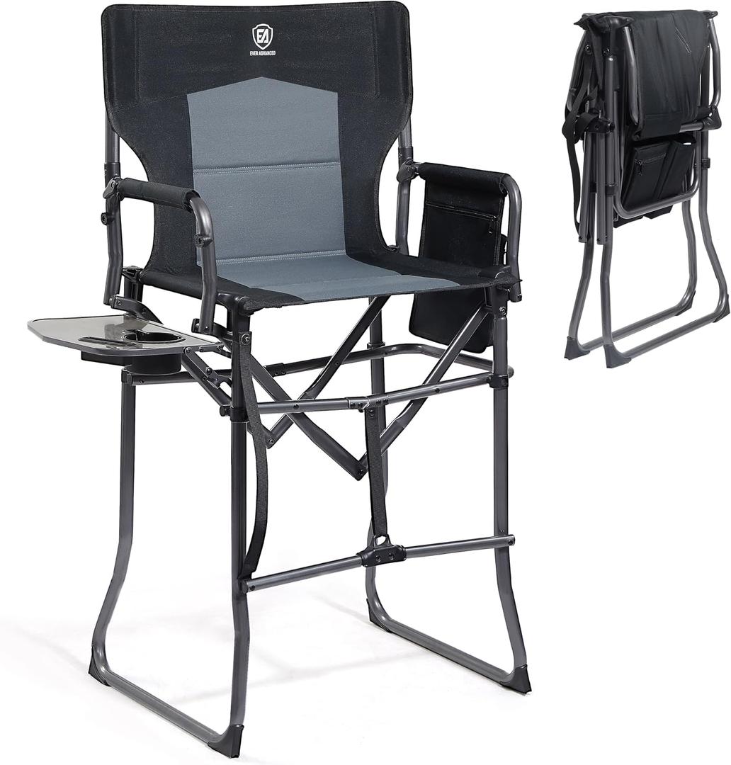 EVER ADVANCED Portable 30.7" Seat Height Tall Folding Camping Chair Directors Chair High Foldable Bar Stool with Side Table for Makeup Artist, Sports Event, Craft Show, Supports 350LBS