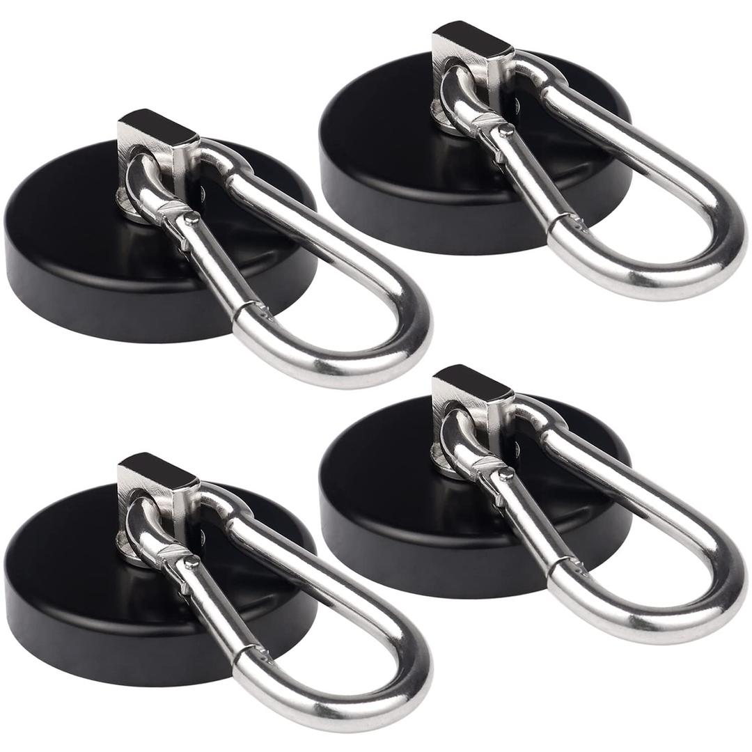 Magnetic Hooks 170lbs Heavy Duty Black Magnet Hooks with Swiveling Carabiner for Hanging Refrigerator Strong Large Neodymium Magnet (170LBS-4PACK-BLACK)