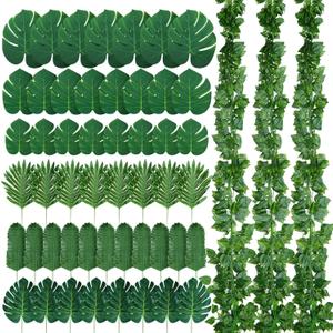 XunYee 84 Pcs Artificial Jungle Vines Tropical Leaf Garland and Monstera Palm Leaves Jungle Decoration Set, Fake Ivy Vines Green Greenery Faux Leaves for Baby Shower Safari Tropical Party Decoration