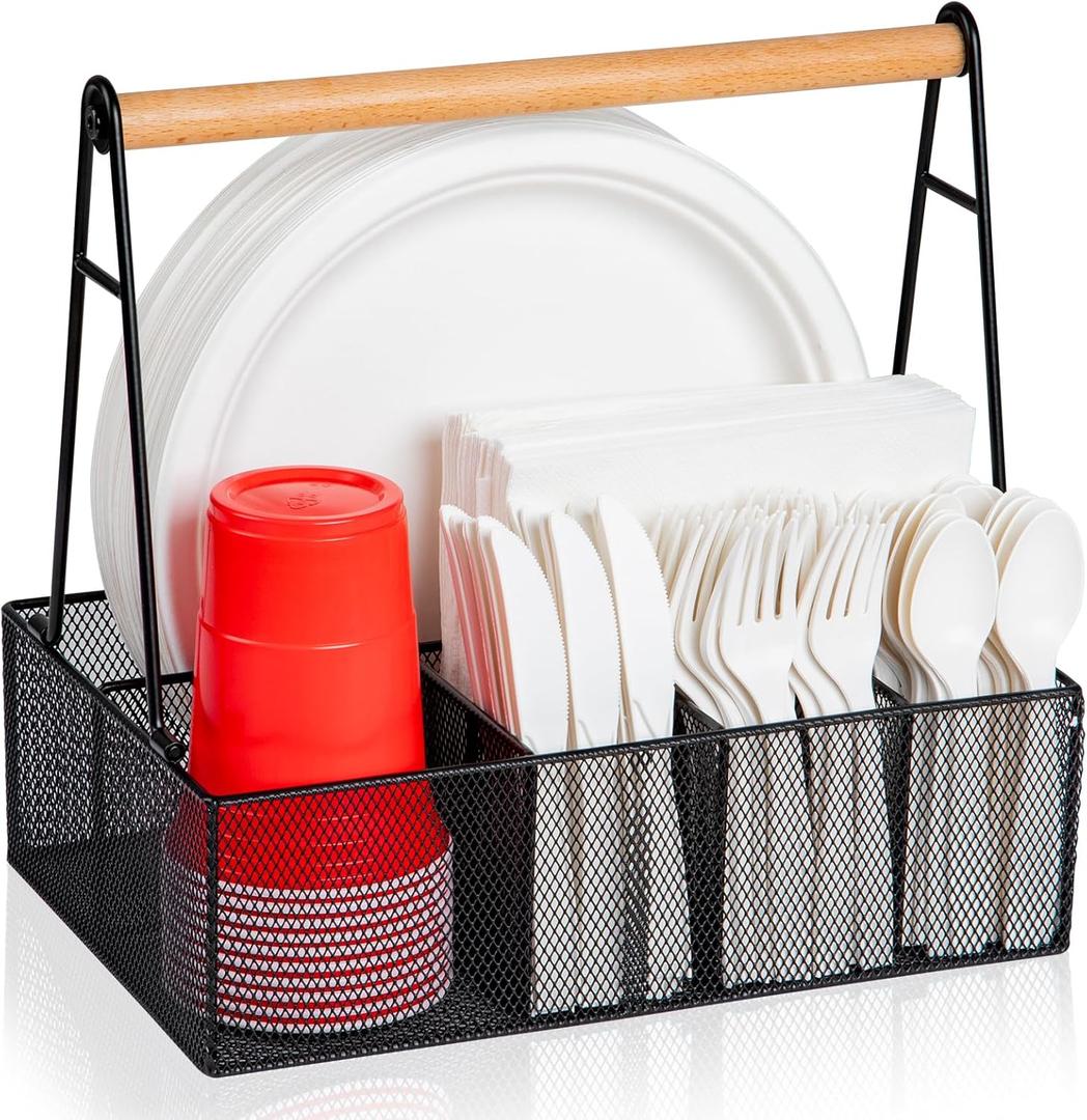 Paper Plate Organizer with Handle for Countertop, Metal Silverware Caddy for Cup, Napkin, Fork and Spoon, Paper Plate and Utensil Holder, Cutlery Caddy for Party, Camping, Picnic (Black)