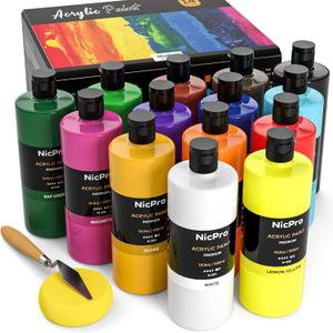 Nicpro 14 Colors Large Bulk Acrylic Paint Set (16.9 oz,500 ml) Rich Art Painting Supplies, Non Toxic for Multi Surface Rock Canvas Wood Ceramic Leather Fabric Craft, for Adult with Color Wheel