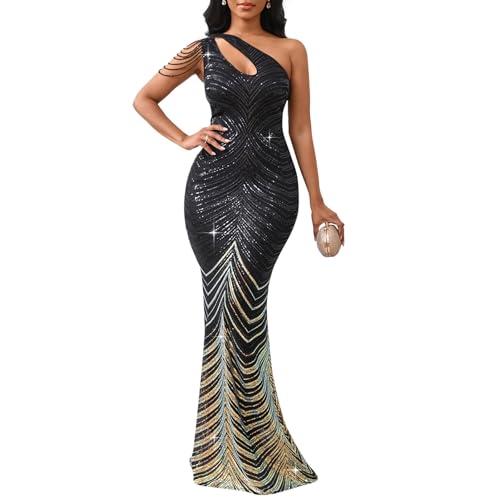 Cololura Women Sequin Elegant Sexy One Shoulder Tassel Oblique Collar Mermaid Bodycon Cocktail Evening Dress Size M, Black-curve