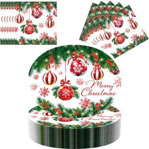 100 Pcs Christmas Oval Paper Plates and Napkins Set, 10" x 12" Large Disposable Plates for Christmas Party Supplies
