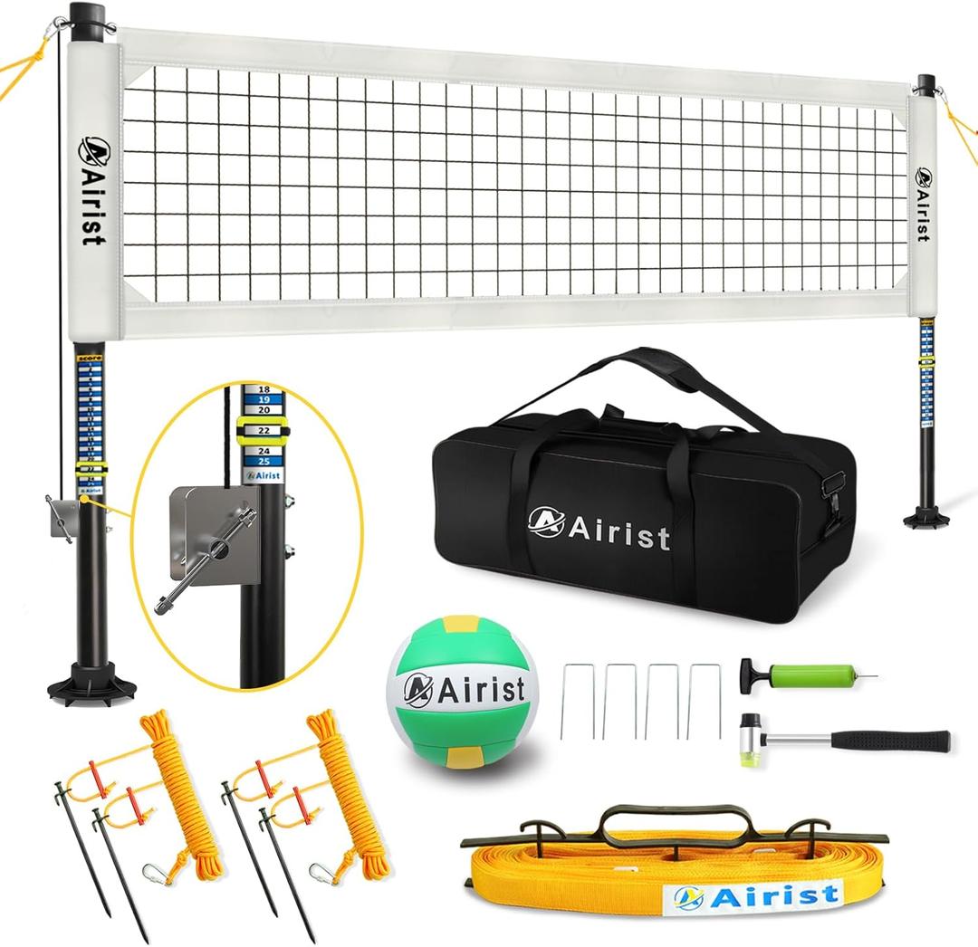 Heavy Duty Volleyball Net Outdoor with Steel Anti-Sag System, Adjustable Aluminum Poles, Professional Volleyball Nets Set for Backyard and Beach, Volleyball and Carrying Bag (White)