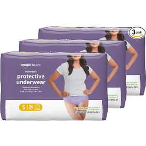 Basics Incontinence Underwear for Women, Protective, Disposable, Postpartum, Maximum Absorbency, Small, Lavender, 72 Count (3 Packs of 24)