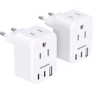 European Travel Plug Adapter for International, HANYCONY Italy Spain Power Adapter 2 Outlets 2 USB C Ports, Type C Adapter Travel Cruise Essentials for US to Most Europe France Germany EU, 2 Pack