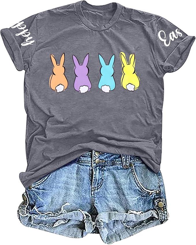 Easter Shirt Women Cute Bunny Graphic Tee Happy Easter Letter Printed Tshirts Casual Short Sleeve Easter Gift Tops Medium