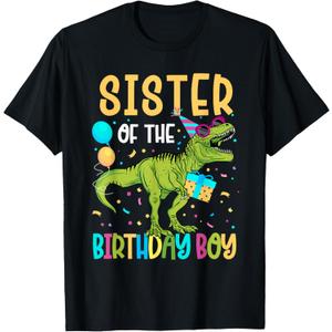Sister of The Birthday Boy Family Matching Dinosaur Squad T-Shirt (Black)