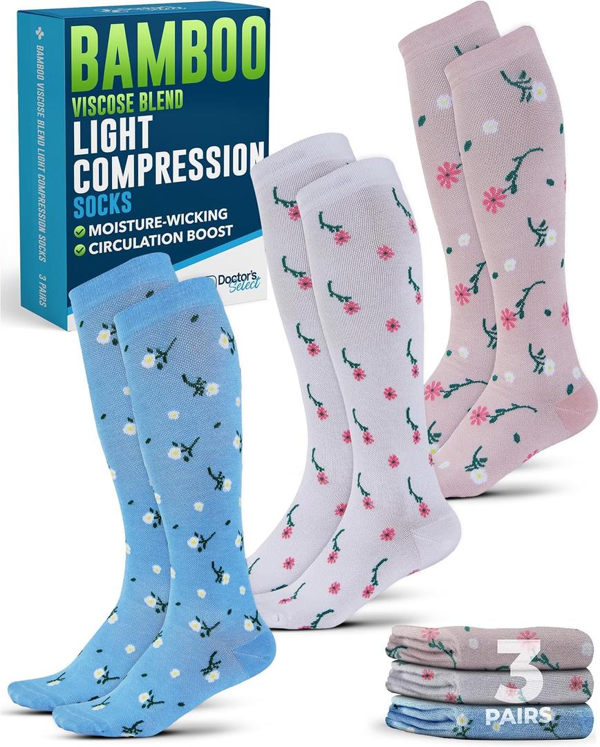 Doctor's Select Bamboo Viscose Light Compression Socks for Women & Men - 3 Pairs, 8-15 mmHg Compression Socks, Knee High (Medium)