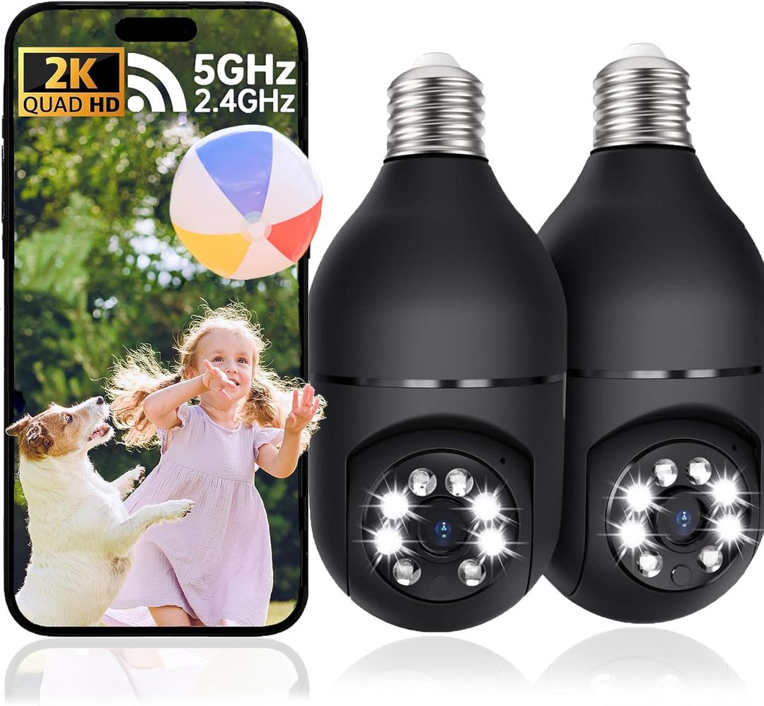 2K Light Bulb Camera Outdoor, 2.4/5GHz Wi-Fi 6 Security Cameras Wireless Outdoor, 360 PTZ Cameras for Home Security with Color Night Vision, AI Human Detection, 2 Way Talk, Easy Installation,2 Packs