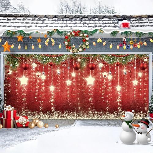 Maijoeyy 16x7ft Red Christmas Sparkling Stars Garage Door Decorations Glittering Stars New Year Christmas Party Garage Door Cover Wall Decorations for Outdoor