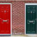 Renaiss 8x6ft Red & Green Door Backdrop for Photoshooting Vintage Doors on Red Brick Wall Photography Background Retro Bricks Front Doors Party Decors Portrait Street Snap Photo Booth Props