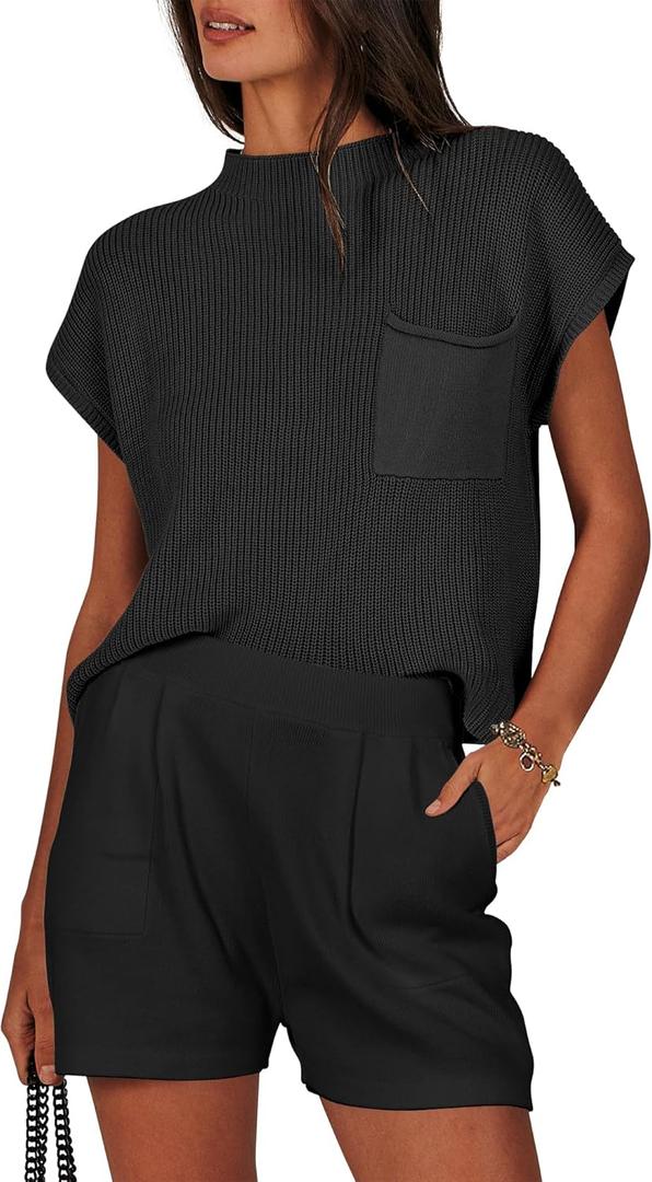 ANRABESS Women's Two Piece Summer Outfits Knit Sweater Short Sets Pullover Tops & Shorts Lounge Matching Clothes Set (X-Large, Black)