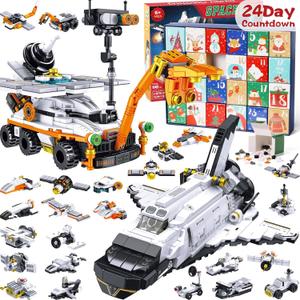 Kids Advent Calendar 2025 for Boys, 24 Days Christmas STEM Spaceship Building Blocks Countdown Calendar Gifts Box with 12-in-1 Mars Rover Space Shuttle Bricks Toys Set for Kids Teens Girls Boys Age 6+ (A2.Rocket & Space Shuttle Launcher)