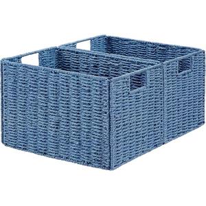 Vagusicc Wicker Storage Basket, Set of 2 Hand-Woven Paper Rope Wicker Basket, Large Storage Baskets for Organizing Toilet Paper, Foldable Cube Storage Organizer Bins for Shelves (Blue)