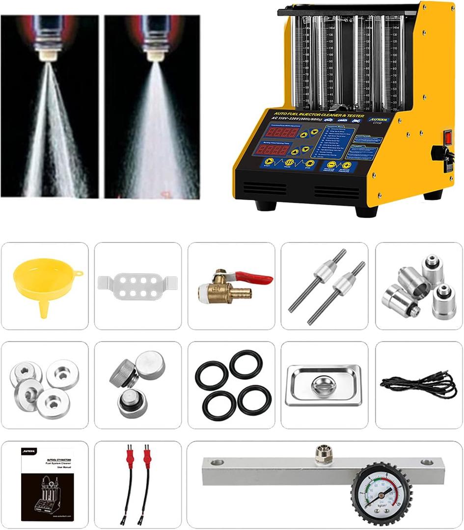 Fuel Injector Cleaner,CT150 EGI Fuel Injector Cleaner Tester, 4-Cylinder Ultrasonic Cleaning Machine with 12 Functions & Reverse Flushing, 28KHZ, 110V/220V for Professional Automotive and Motorcycle