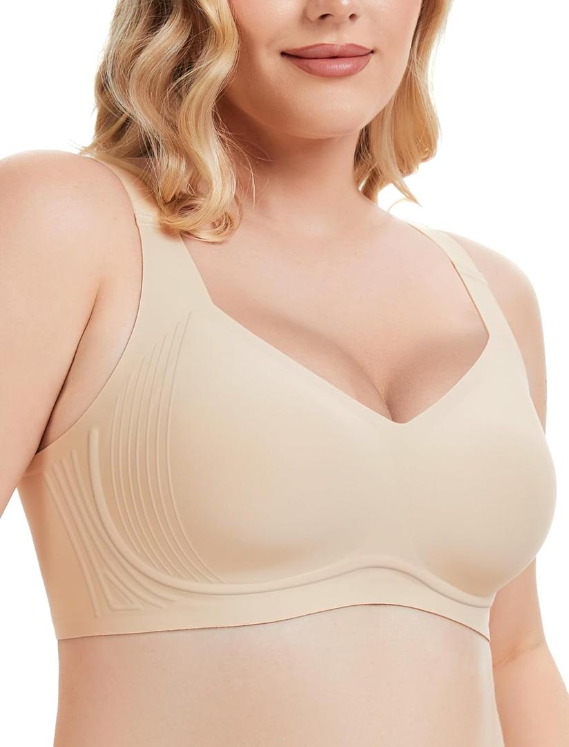 Gailife Womens Wireless V Mesh Comfortable Bra Seamless Bralette Push Up Bras No Underwire Supportive Tshirt Everyday Bras (XX-Large, V Neck - Skin)