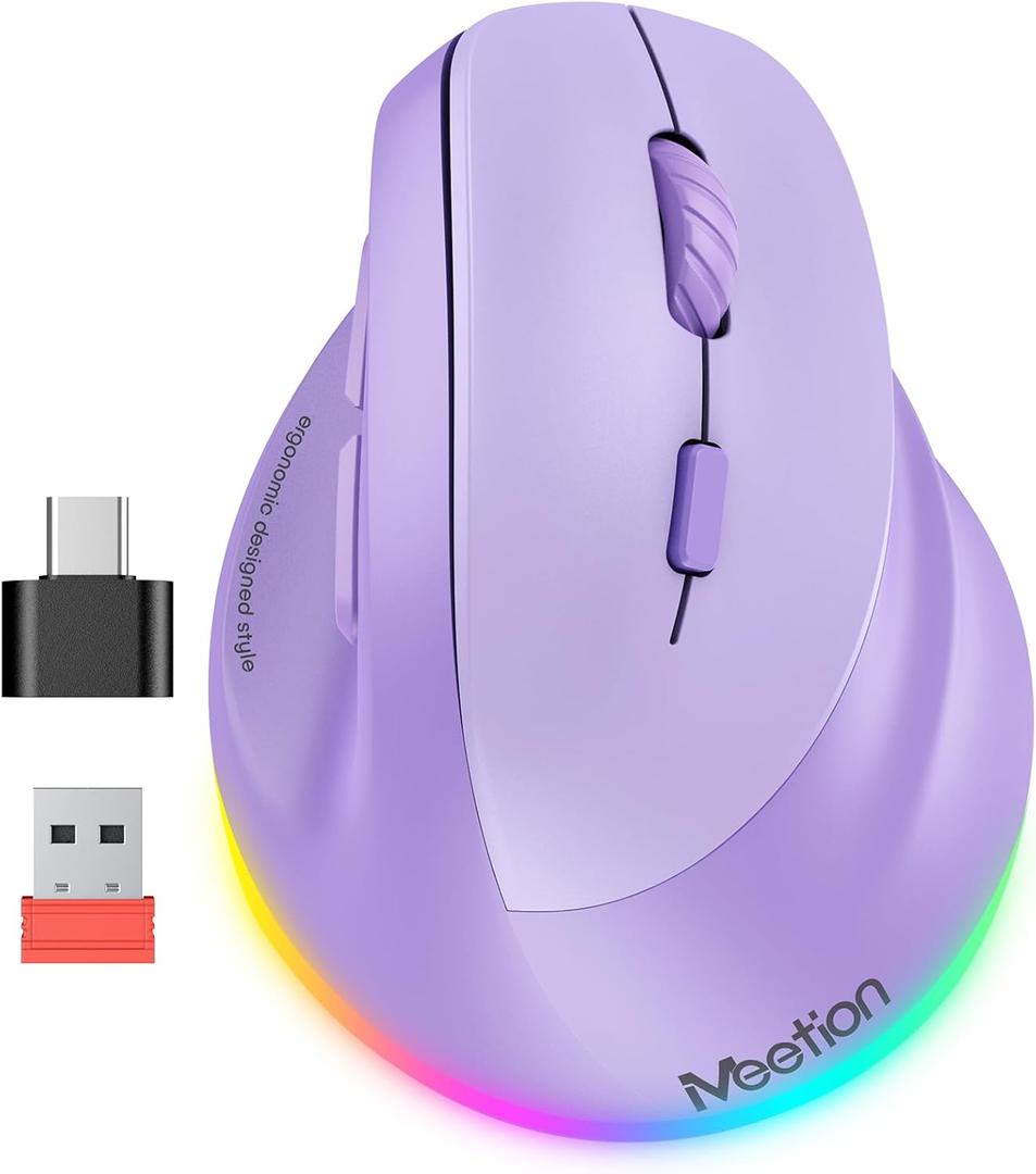 MEETION Ergonomic Mouse, Wireless Vertical Mouse RGB Backlit Rechargeable Mice for Bluetooth(5.2 + 3.0) & USB-A with USB-C Adapter 4 Adjustable DPI Compatible Mac/Windows/Android/PC/Tablet/iPad Purple