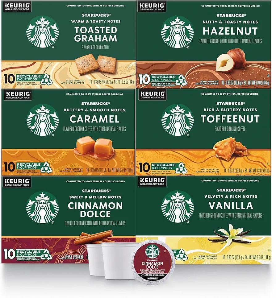 Starbucks K-Cup Coffee Pods—Flavored Coffee—Variety Pack for Keurig Brewers—Naturally Flavored—100% Arabica—6 boxes (60 pods total), Best By September 04, 2025 