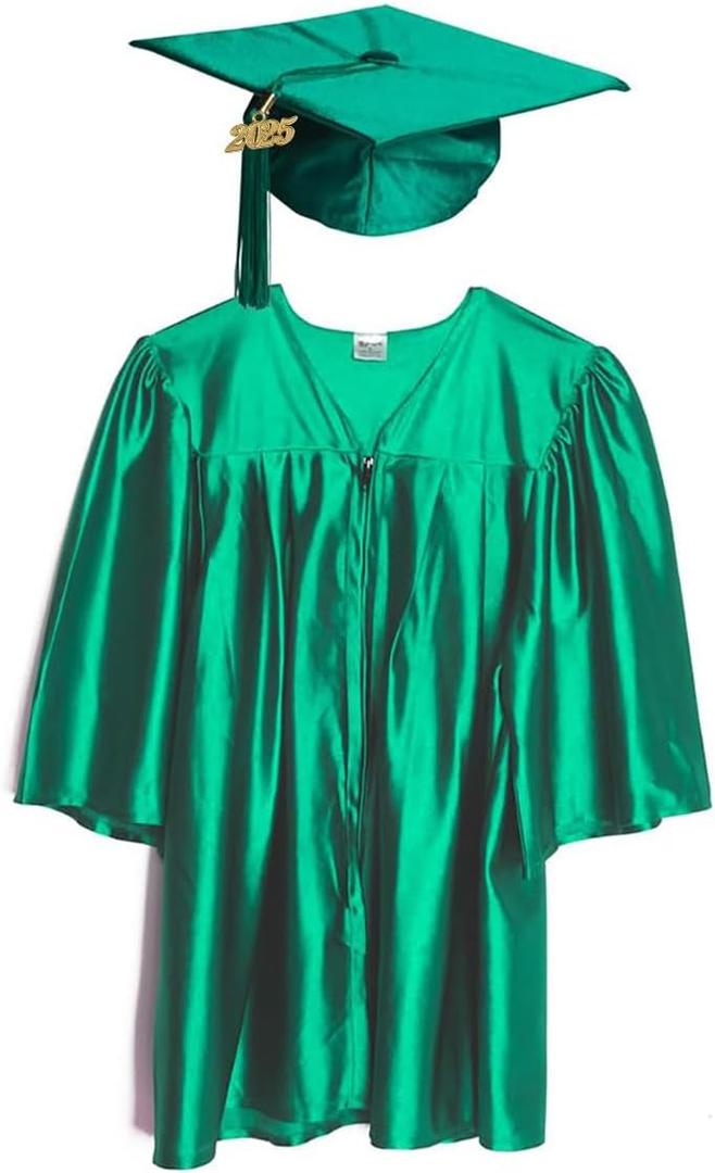 Shiny Child Graduation Cap, Gown, Tassel and 2025 Charm Set, Kindergarten Graduation and Kids Preschool (Small, Kelly Green)
